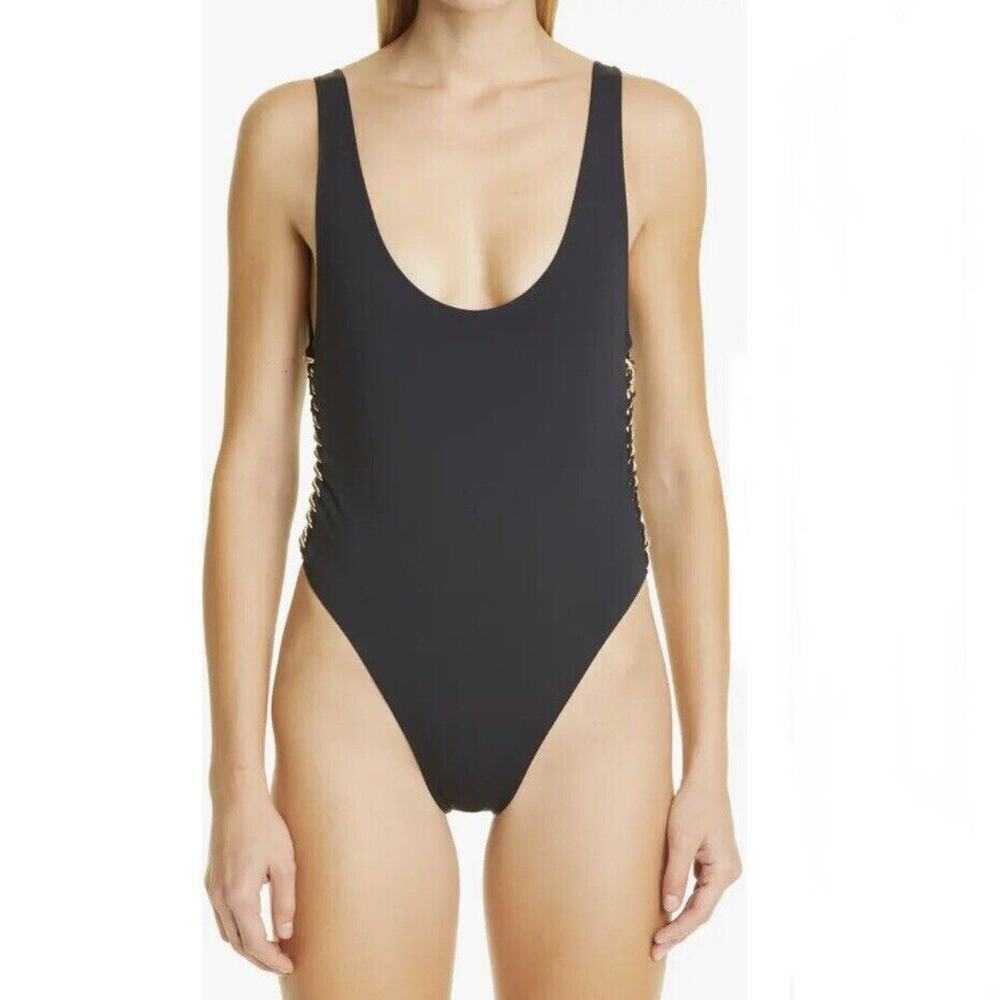 Stella McCartney NWT Black Falabella Chain Trim High-Leg One-Piece Swimsuit L